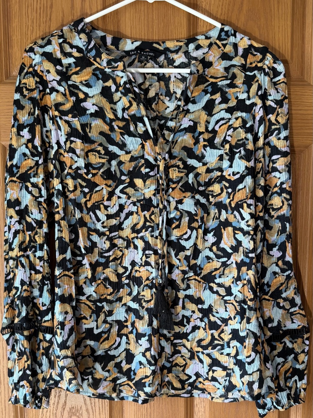 Zac & Rachel Black Multi-Print V-Neck Blouse with Tassel Tie